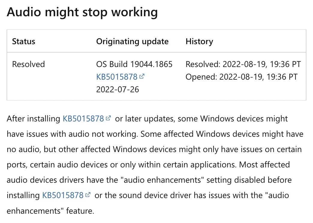 Microsoft ยืนยันเกิด Audio Bug ใน Windows 10 หลังการอัปเดท KB5015878